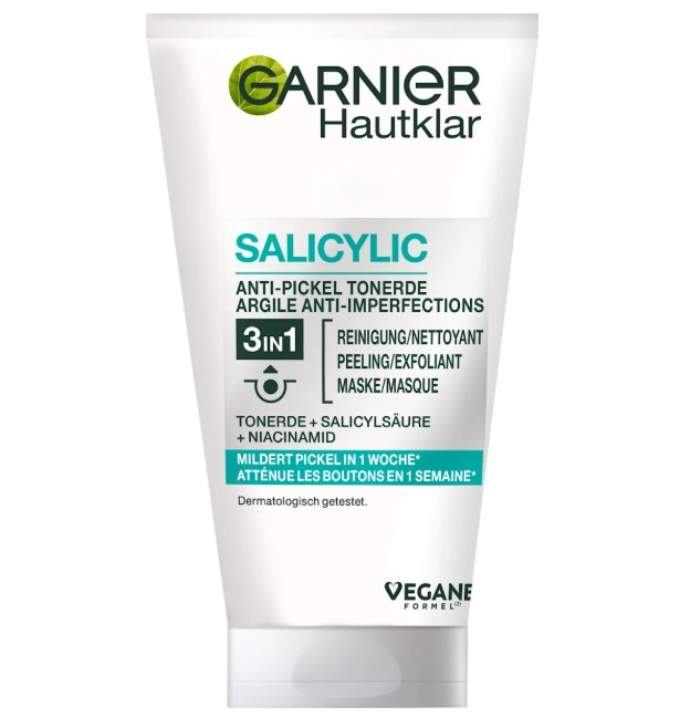 Sữa Rửa Mặt Garnier Hautklar Salicylic 3in1 Tonerde: Rửa mặt + Tẩy da chết + Mặt nạ, 150ml