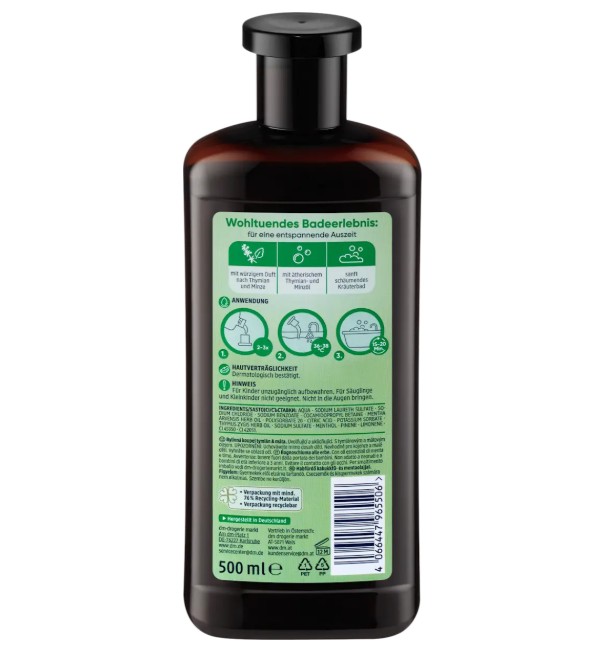 Sữa tắm thảo dược Balea Thymian & Minze tinh dầu cỏ xạ hương và bạc hà, 500ml Sữa tắm thảo dược Balea Thymian & Minze tinh dầu cỏ xạ hương và bạc hà, 500ml