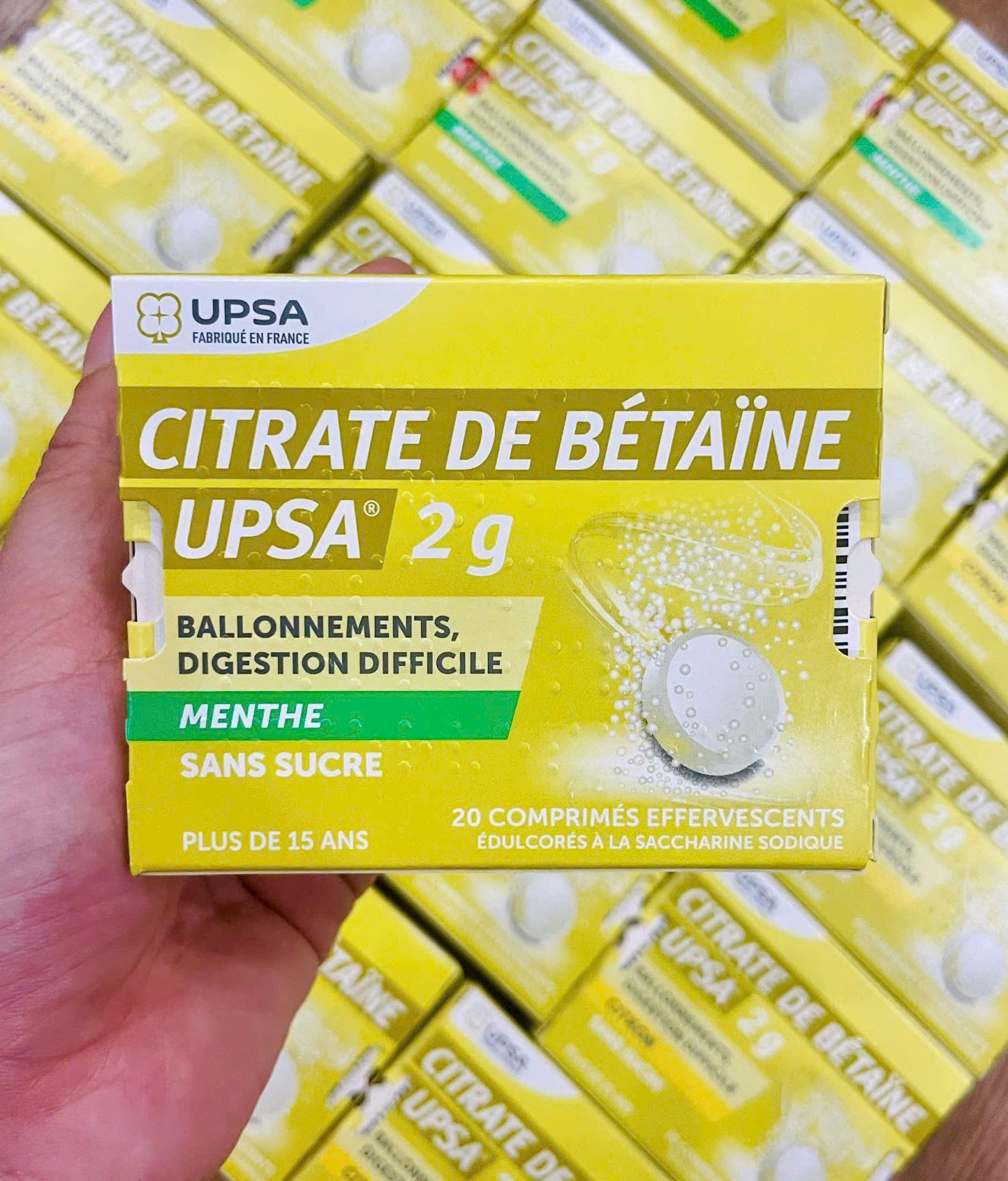 Viên sủi UPSA Citrate de Betaine 2g Menthe vị bạc hà, giảm đầy hơi, khó tiêu, 20 viên Viên sủi UPSA Citrate de Betaine 2g Menthe vị bạc hà, giảm đầy hơi, khó tiêu, 20 viên