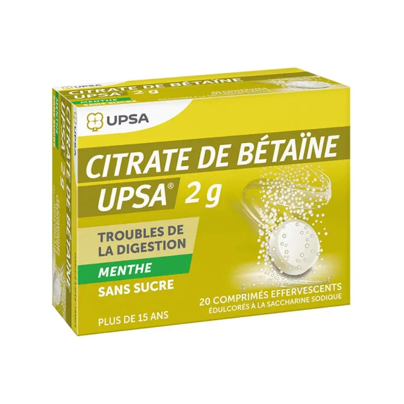 Viên sủi UPSA Citrate de Betaine 2g Menthe vị bạc hà, giảm đầy hơi, khó tiêu, 20 viên Viên sủi UPSA Citrate de Betaine 2g Menthe vị bạc hà, giảm đầy hơi, khó tiêu, 20 viên