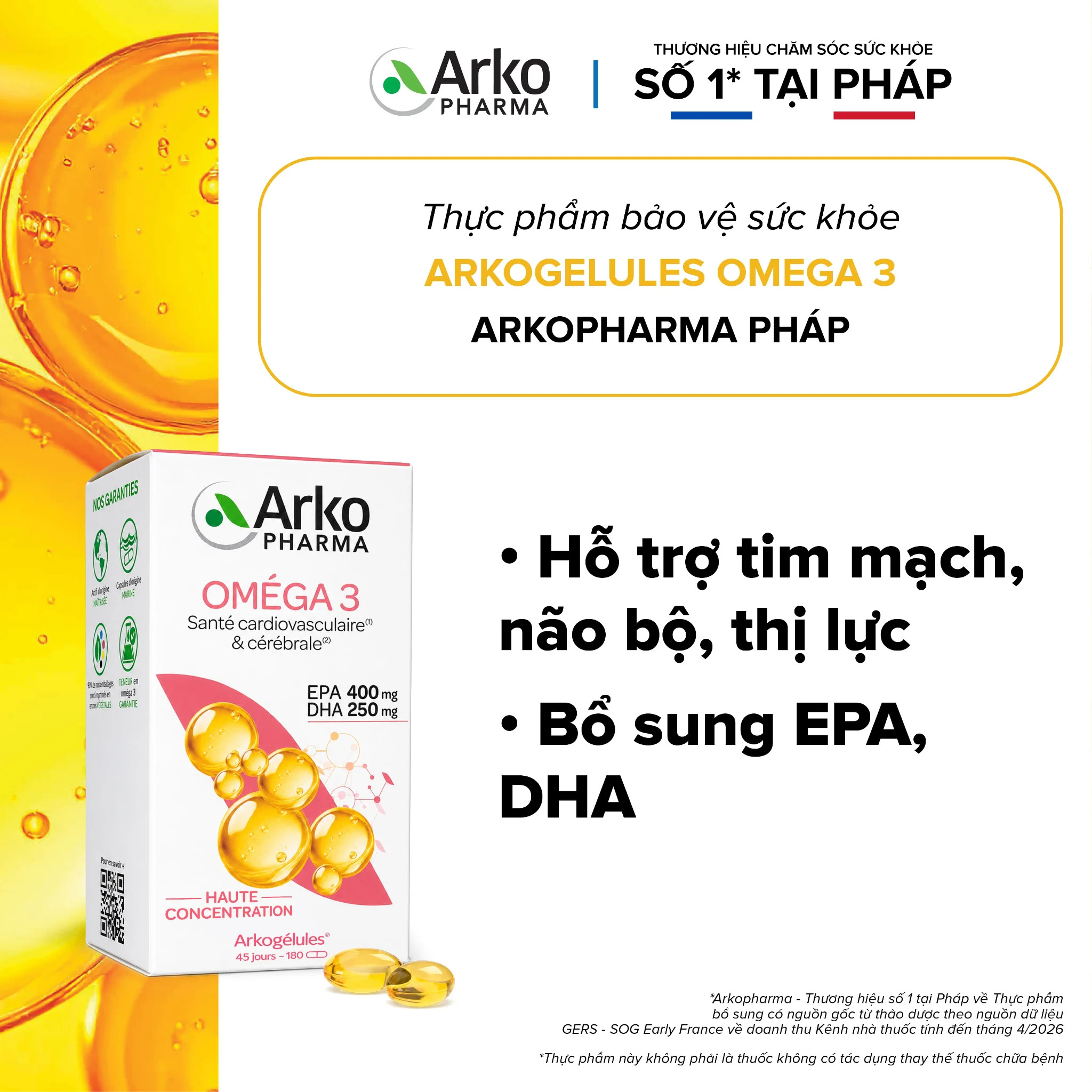 Viên uống dầu cá Arkopharma Omega-3 Arkogélules, 180+60 viên Viên uống dầu cá Arkopharma Omega-3 Arkogélules, 180+60 viên