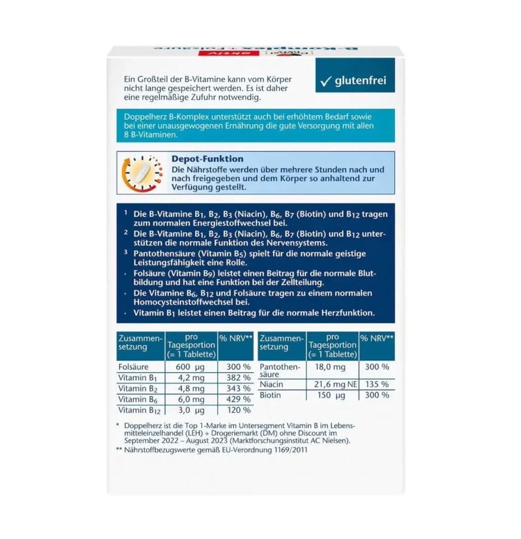 Viên uống Doppelherz B-Komplex + Folsäure Depot bổ sung vitamin nhóm B và Axit Folic, 45 viên Viên uống Doppelherz B-Komplex + Folsäure Depot bổ sung vitamin nhóm B và Axit Folic, 45 viên