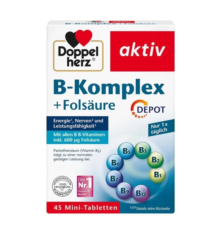 Viên uống Doppelherz B-Komplex + Folsäure Depot bổ sung vitamin nhóm B và Axit Folic, 45 viên Viên uống Doppelherz B-Komplex + Folsäure Depot bổ sung vitamin nhóm B và Axit Folic, 45 viên