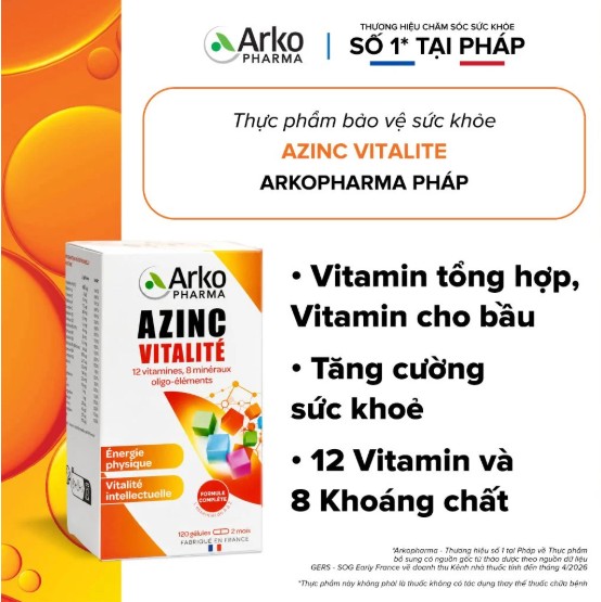 Vitamin tổng hợp Arkopharma Azinc Vitalité, 150 viên Vitamin tổng hợp Arkopharma Azinc Vitalité, 150 viên