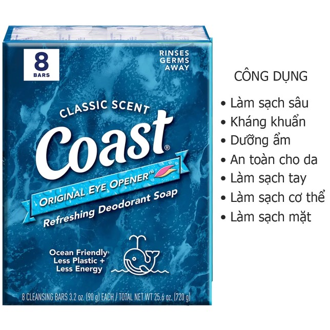 Xà phòng Coast Classic Scent Refreshing Deodorant Soap, set 8 bánh x 113g Xà phòng Coast Classic Scent Refreshing Deodorant Soap, set 8 bánh x 113g