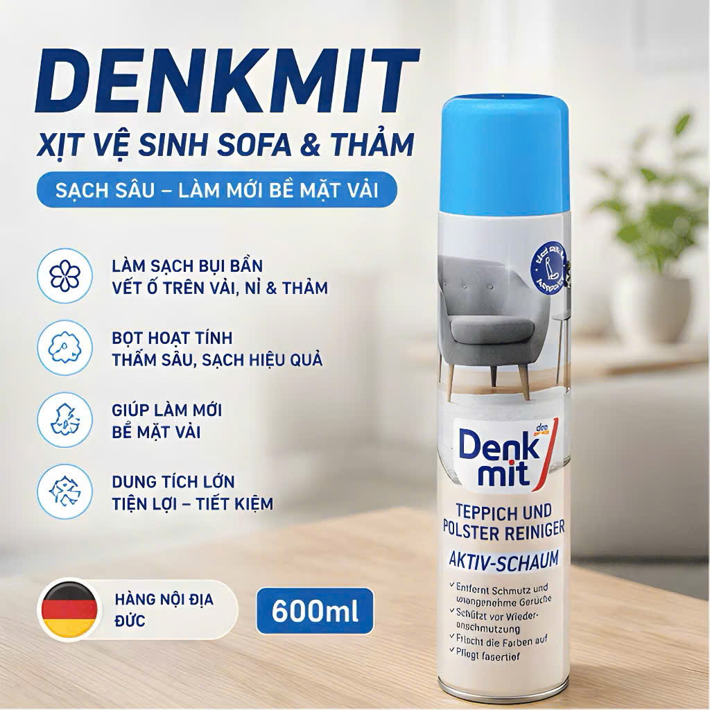 Xịt vệ sinh ghế sofa nỉ, thảm sàn Denkmit Teppich & Polsterreiniger mit Aktivschaum, 600ml Xịt vệ sinh ghế sofa nỉ, thảm sàn Denkmit Teppich & Polsterreiniger mit Aktivschaum, 600ml