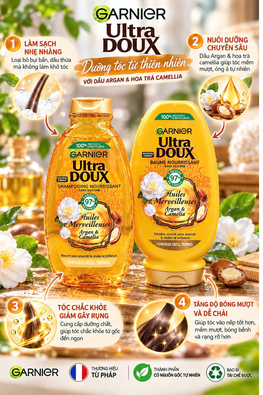 Cặp gội xả Garnier Ultra Doux Huile Merveilleux Argan & Camélia cho tóc khô, 250+200ml Cặp gội xả Garnier Ultra Doux Huile Merveilleux Argan & Camélia cho tóc khô, 250+200ml