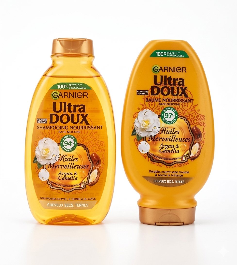 Cặp gội xả Garnier Ultra Doux Huile Merveilleux Argan & Camélia cho tóc khô, 250+200ml Cặp gội xả Garnier Ultra Doux Huile Merveilleux Argan & Camélia cho tóc khô, 250+200ml