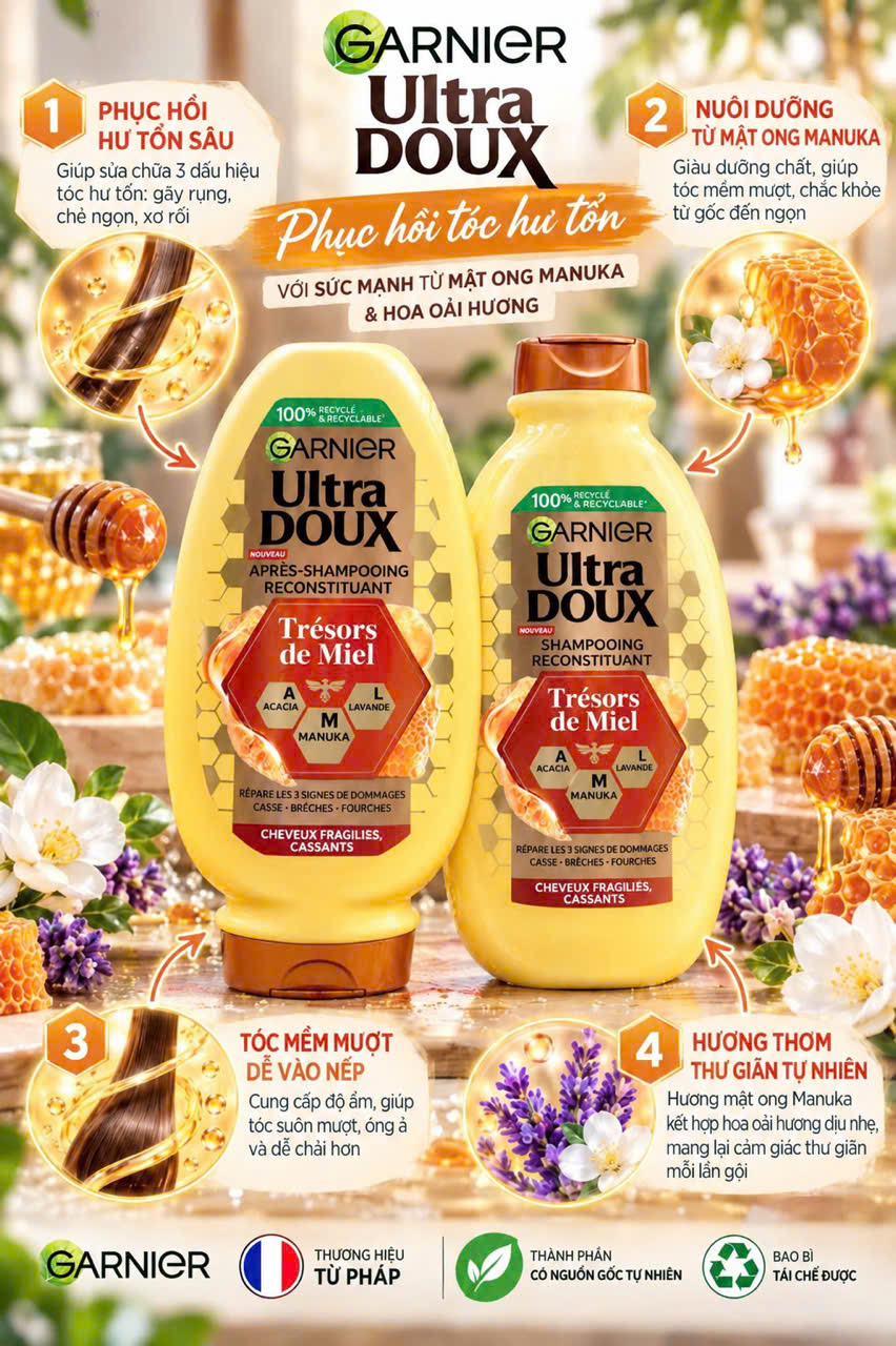 Cặp gội xả Garnier Ultra Doux Trésors de Miel phục hồi tóc hư tổn, gãy rụng, 250+200ml Cặp gội xả Garnier Ultra Doux Trésors de Miel phục hồi tóc hư tổn, gãy rụng, 250+200ml