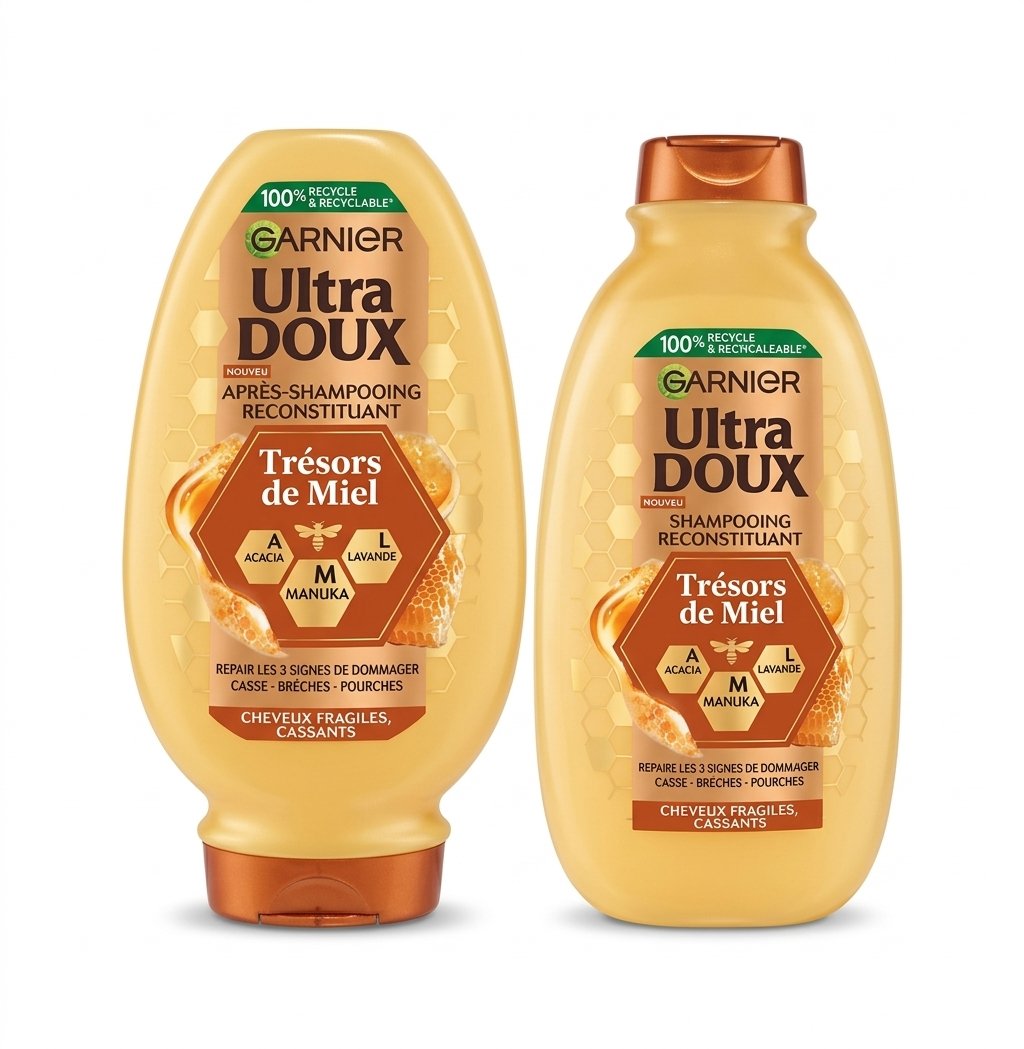 Cặp gội xả Garnier Ultra Doux Trésors de Miel phục hồi tóc hư tổn, gãy rụng, 250+200ml Cặp gội xả Garnier Ultra Doux Trésors de Miel phục hồi tóc hư tổn, gãy rụng, 250+200ml