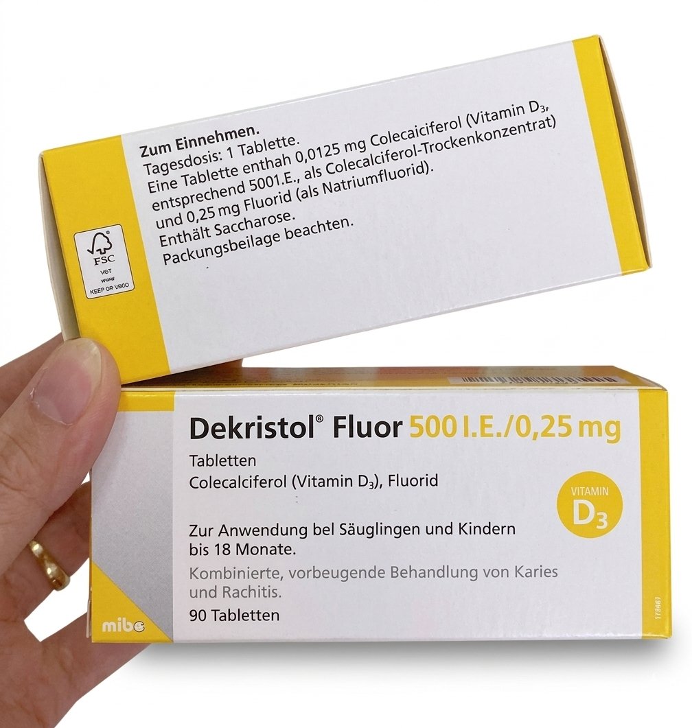 Viên uống Dekristol Fluor 500 I.E./0,25 mg bổ sung vitamin D3 và Fluor cho trẻ sơ sinh và trẻ em, 90 viên Viên uống Dekristol Fluor 500 I.E./0,25 mg bổ sung vitamin D3 và Fluor cho trẻ sơ sinh và trẻ em, 90 viên