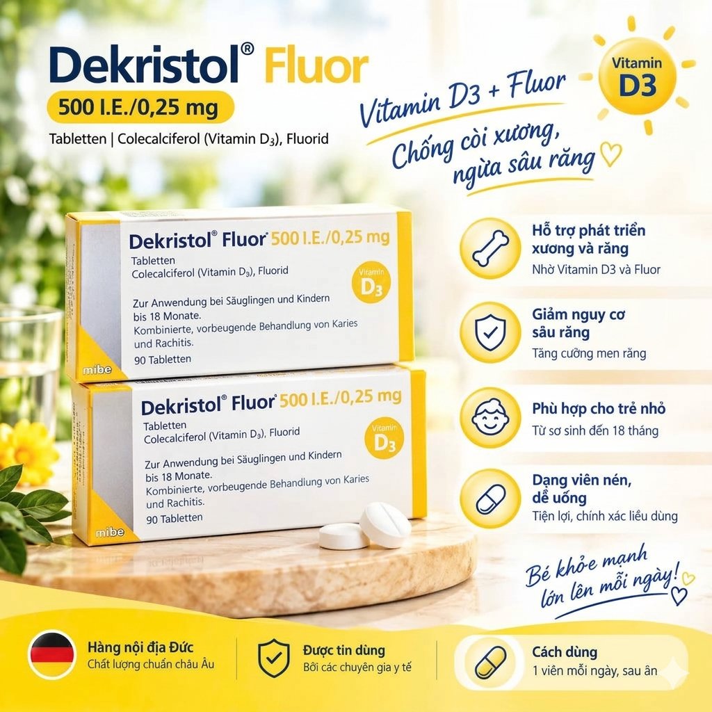 Viên uống Dekristol Fluor 500 I.E./0,25 mg bổ sung vitamin D3 và Fluor cho trẻ sơ sinh và trẻ em, 90 viên Viên uống Dekristol Fluor 500 I.E./0,25 mg bổ sung vitamin D3 và Fluor cho trẻ sơ sinh và trẻ em, 90 viên