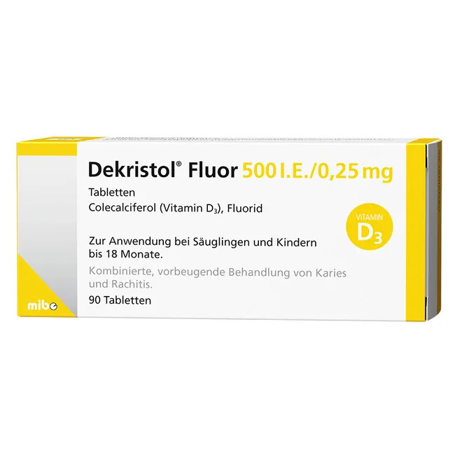 Viên uống Dekristol Fluor 500 I.E./0,25 mg bổ sung vitamin D3 và Fluor cho trẻ sơ sinh và trẻ em, 90 viên Viên uống Dekristol Fluor 500 I.E./0,25 mg bổ sung vitamin D3 và Fluor cho trẻ sơ sinh và trẻ em, 90 viên