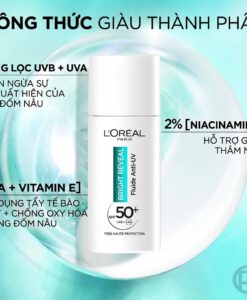 Kem chống nắng Loreal Bright Reveal Fluide Anti-UV LSF 50+ Niacinamide làm sáng da, mờ thâm nám, 50ml