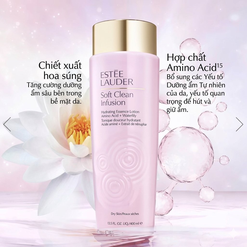 Nước hoa hồng Estee Lauder Soft Clean Infusion Hydrating Essence Lotion cho da khô và nhạy cảm, 400ml Nước hoa hồng Estee Lauder Soft Clean Infusion Hydrating Essence Lotion cho da khô và nhạy cảm, 400ml