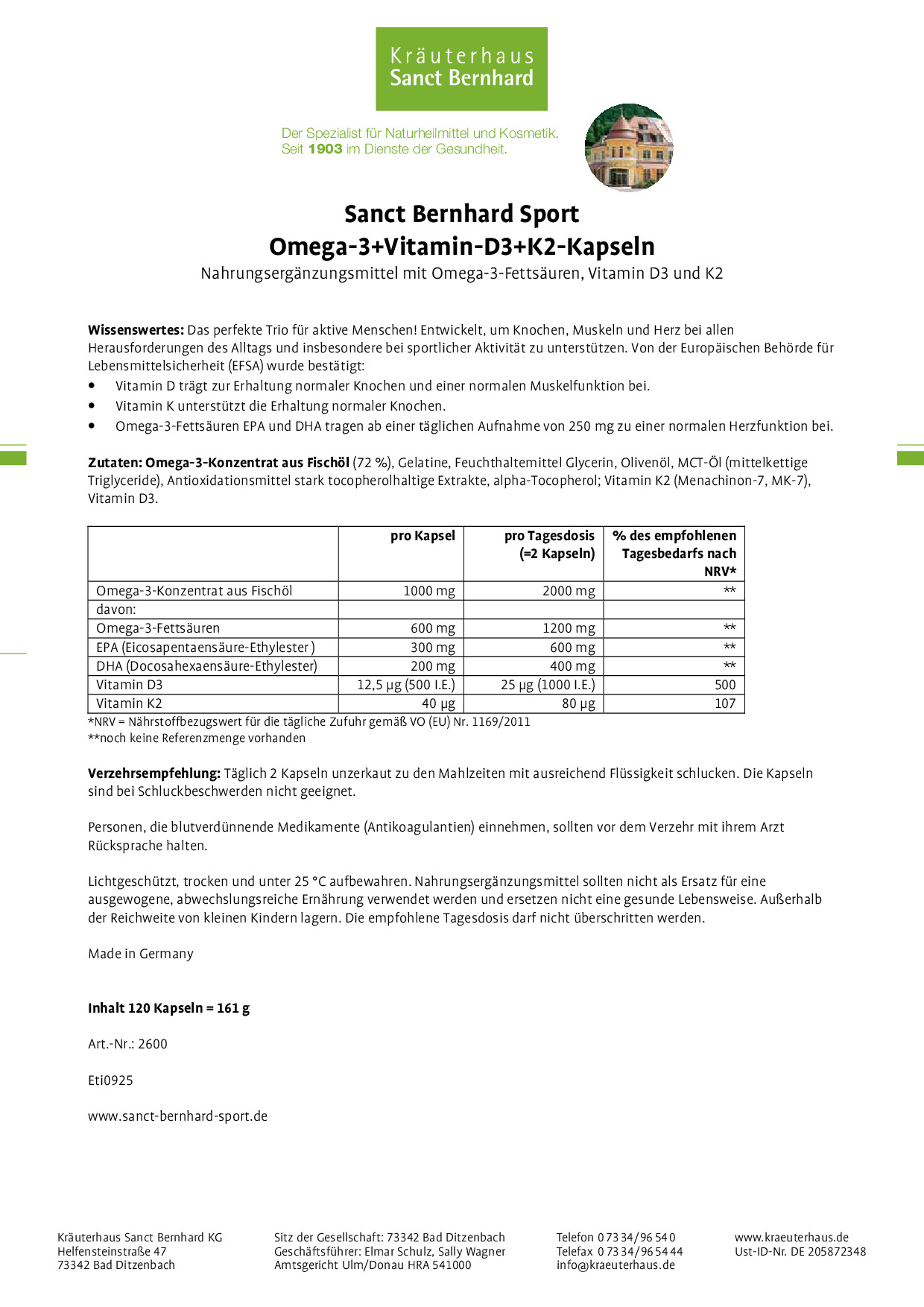 Viên uống Sanct Bernhard Sport Omega 3 + Vitamin D3 + K2 hỗ trợ cơ xương khớp, tim mạch, 120 viên Viên uống Sanct Bernhard Sport Omega 3 + Vitamin D3 + K2 hỗ trợ cơ xương khớp, tim mạch, 120 viên