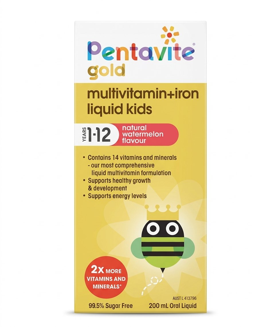 Vitamin tổng hợp Pentavite Gold Multivitamin + Iron Kids Liquid cho trẻ từ 1-12 tuổi, 200ml Vitamin tổng hợp Pentavite Gold Multivitamin + Iron Kids Liquid cho trẻ từ 1-12 tuổi, 200ml