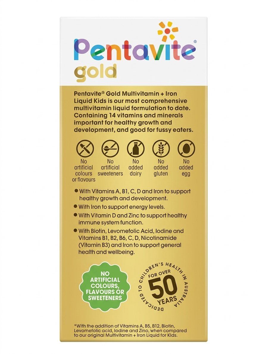 Vitamin tổng hợp Pentavite Gold Multivitamin + Iron Kids Liquid cho trẻ từ 1-12 tuổi, 200ml Vitamin tổng hợp Pentavite Gold Multivitamin + Iron Kids Liquid cho trẻ từ 1-12 tuổi, 200ml