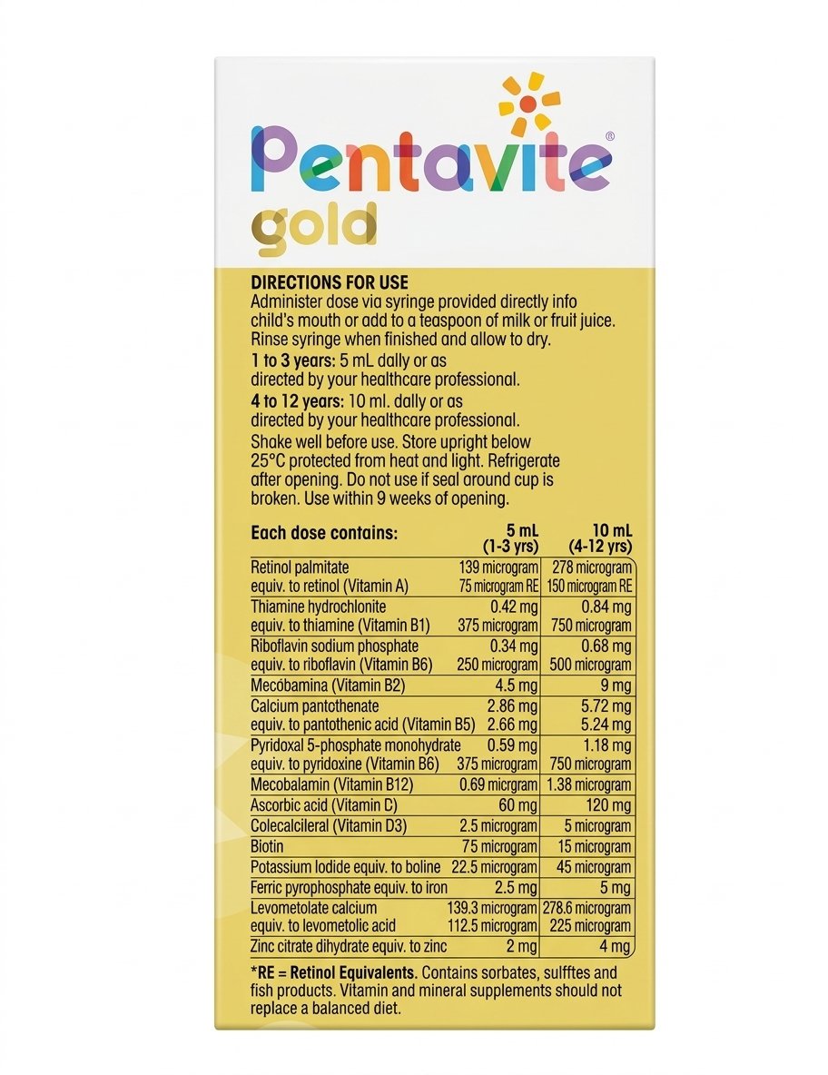 Vitamin tổng hợp Pentavite Gold Multivitamin + Iron Kids Liquid cho trẻ từ 1-12 tuổi, 200ml Vitamin tổng hợp Pentavite Gold Multivitamin + Iron Kids Liquid cho trẻ từ 1-12 tuổi, 200ml