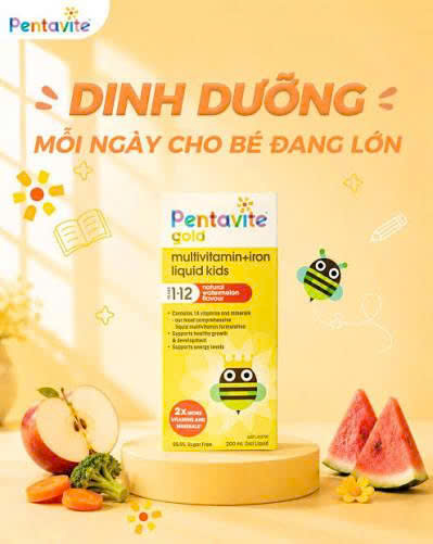 Vitamin tổng hợp Pentavite Gold Multivitamin + Iron Kids Liquid cho trẻ từ 1-12 tuổi, 200ml Vitamin tổng hợp Pentavite Gold Multivitamin + Iron Kids Liquid cho trẻ từ 1-12 tuổi, 200ml